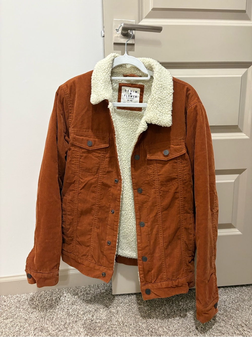 Denim & Flower Men’s Rust Corduroy Jacket w/ Cream Sherpa Collar/Lining, size M
